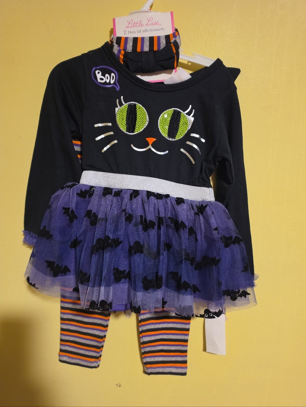 NWT Halloween Black Cat 2 Piece Outfit Girls Size 3T Tutu Headband Little Lass